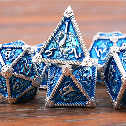 AUSTOR 7-Die Metal DND Dice Set Dungeons and Dragons Polyhedral Roll Playing Dice with Box D20 D12 D10 D% D8 D6 D4 for Pathfinder MTG RPG Board Games - color: Sky Blue With Silver Edge