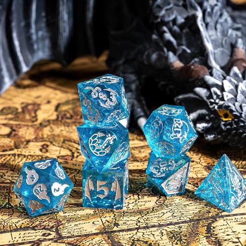 Cusdie 7-Piece Sharp Edges DND Dice Set with Dragon Pattern - Perfect for Tabletop RPGs Board Games Gifting and Collecting(Transparent Blue/Silver Number) - color: Dragon Pattern Tb/S