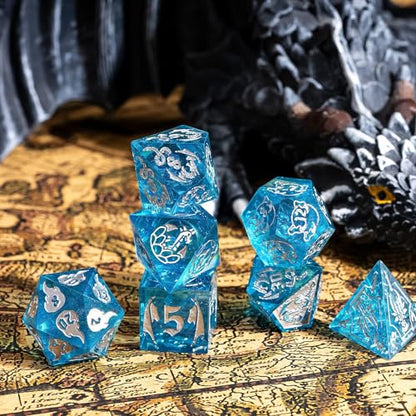 Cusdie 7-Piece Sharp Edges DND Dice Set with Dragon Pattern - Perfect for Tabletop RPGs Board Games Gifting and Collecting(Transparent Blue/Silver Number) - color: Dragon Pattern Tb/S