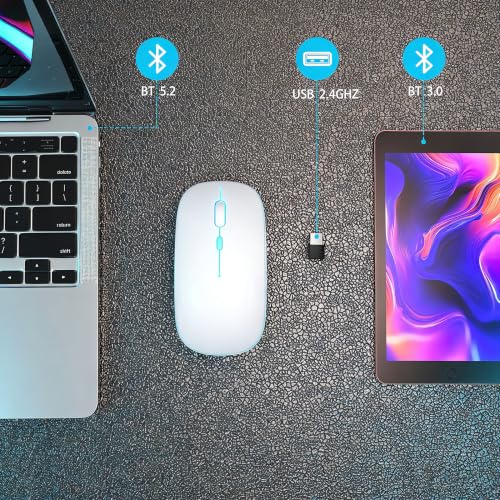 AIKOKOK Wireless Bluetooth Mouse, Rechargeable Dual Mode Mouse, Pearl White | BT 5.2 & 2.4G USB Receiver, 3 Adjustable DPI,LED Lights,Slim,Silent,Portable Computer Mouse for Laptop,PC,MacBook,iPad,Tablet - color: Pearl White