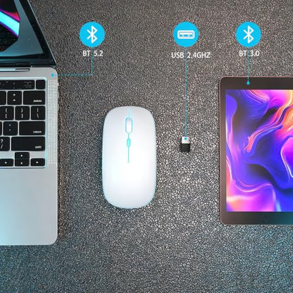 AIKOKOK Wireless Bluetooth Mouse, Rechargeable Dual Mode Mouse, Pearl White | BT 5.2 & 2.4G USB Receiver, 3 Adjustable DPI,LED Lights,Slim,Silent,Portable Computer Mouse for Laptop,PC,MacBook,iPad,Tablet - color: Pearl White