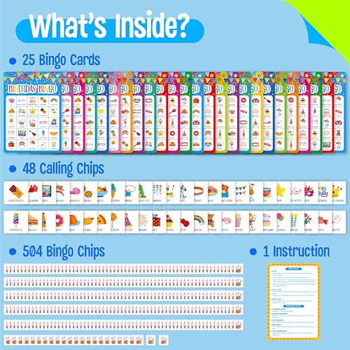 SpriteGru Birthday Bingo Game, 25PCS Bingo Board Card, 25 Players Birthday Party Game Set for Kids or Adults, Party Favor Decoration Supplies - style: Birthday Bingo Game
