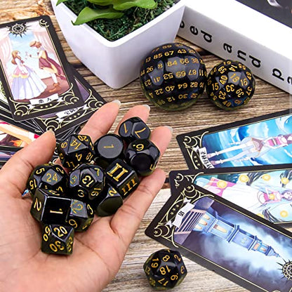 AUSTOR 15 Pieces Complete Polyhedral Dice Set D3-D100 Game Dice Set with a Leather Drawstring Storage Bag for Role Playing Table Games(Black & Yellow) - color: Black & Yellow