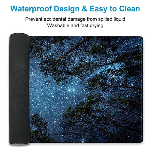 XXL Waterproof Office Desk Pad Protector 35.4x15.7 Inch - Extended Gaming Mouse Pad with Non-Slip Rubber Base, Thickened Keyboard Mat, Stitched Edges & Forest Starry Design - color: Blue