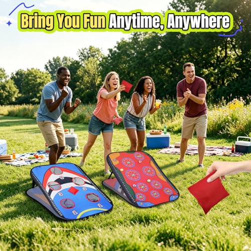 ROSE ME Corn Hole Boards Set, Double Sided, Portable, 3x2 ft, with 5 Holes | Collapsible, with 8 Bean Bags, 12 Sticky Balls, Free Carry Case, Adults Outdoor Toss Games for Yard Lawn Beach Indoor