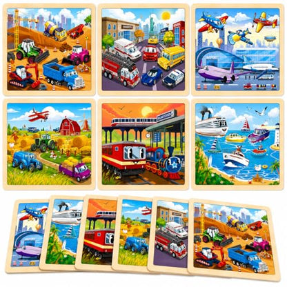 Wooden Puzzles for Toddlers 3-5,6 in 1 Jigsaw Wooden Solar System Puzzles for Ages 4-6,Preschool Educational Brain Toys Gifts for Boys and Girls 2 4 3 5 Year Old（Vehicle） - style: Vehicle