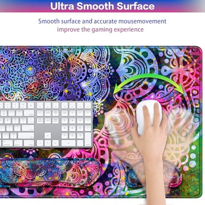 Mouse Pad with Wrist Rest, 4-in-1 Large Mousepad+Keyboard Wrist Rest+Mouse Pad Wrist Support+Cup Pad Set,Ergonomic Anti-Slip,Memory Foam Desk Mat for Home Office Gaming(35.4×15.7in) - color: Purple Mandala
