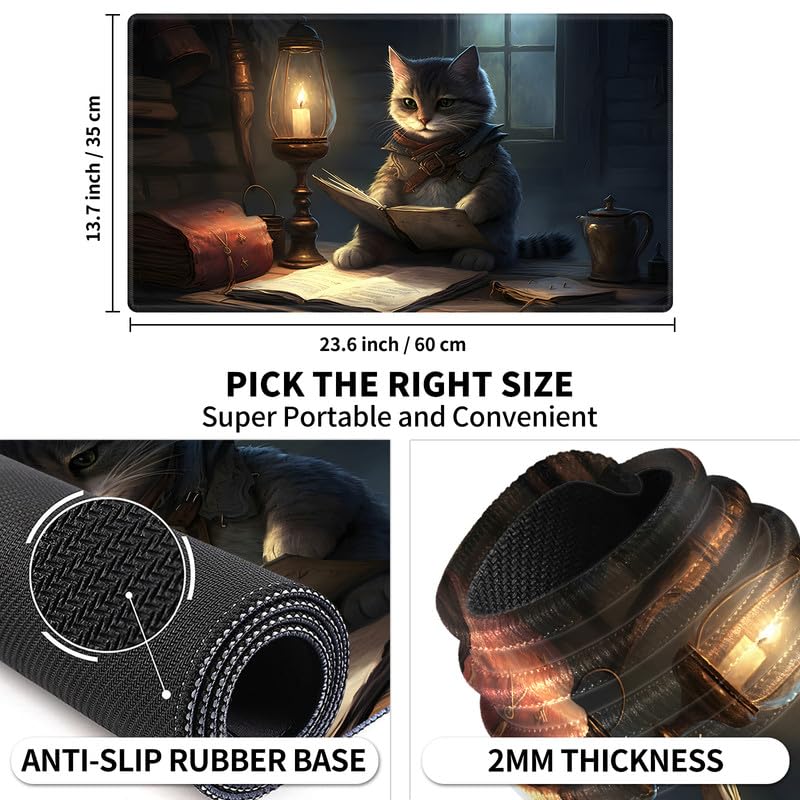 Playmat 24" x 14" Game Mats Tabletop Magic for MTG/TCG Cards, Trading Card Game Playing Stitched Play Mats Commander Deck Gaming Desk Mat Card Gameplay Mats, Cat and Dungeons - color: Cat and Dungeons, size: 24"X14"