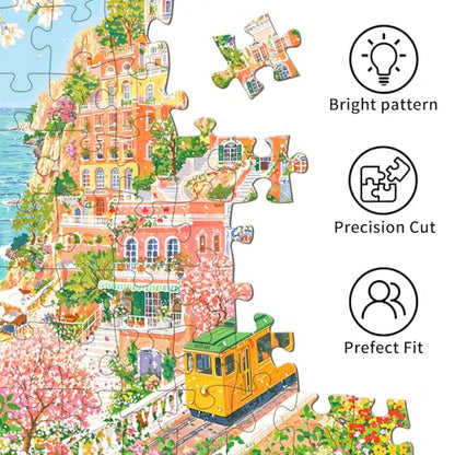 Puzzles for Adults 1000 Pieces, Jigsaw Puzzle for Adults, Fun Challenging Puzzle, Coastal Tram Puzzles Game, Interlock Perfectly No Dust, Gifts for Easter Mother’s Day - color: Coastal Tram