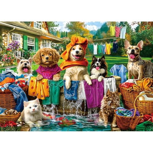Laundry Day 1000 Piece Puzzle for Adults - Colorful Backyard Scene with Dogs & Cats Pet House Garden Jigsaw Puzzles, Unique & Fun Adult Games for Game Night Gift & Family Activities - color: Colorful Colorful Backyard Scene