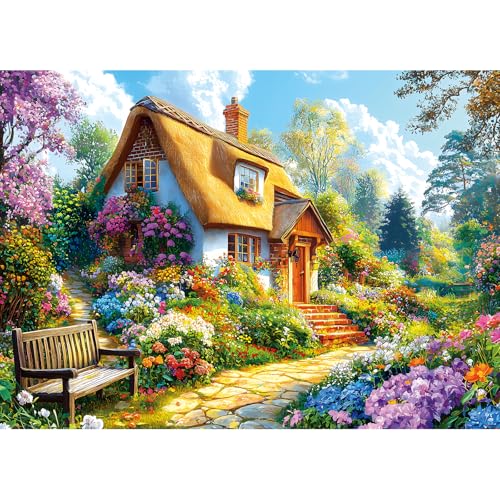 Cottage Garden 1000 Piece Jigsaw Puzzles for Adults, Colorful Floral Landscape with Thatched Roof House, Puzzles with Letters on Back for Easy Sorting, Hard Unique Puzzle Games for Adults Game Night - color: Colorful Cottage Garden
