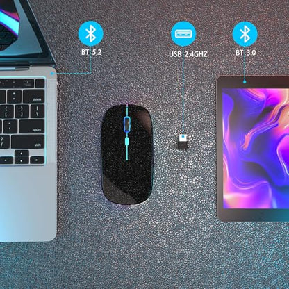 AIKOKOK Wireless Bluetooth Mouse, Rechargeable Dual Mode Mouse, Black Pearl | BT 5.2 & 2.4G USB Receiver, 3 Adjustable DPI,LED Lights,Slim,Silent,Portable Computer Mouse for Laptop,PC,MacBook,iPad,Tablet - color: Pearl Black 01
