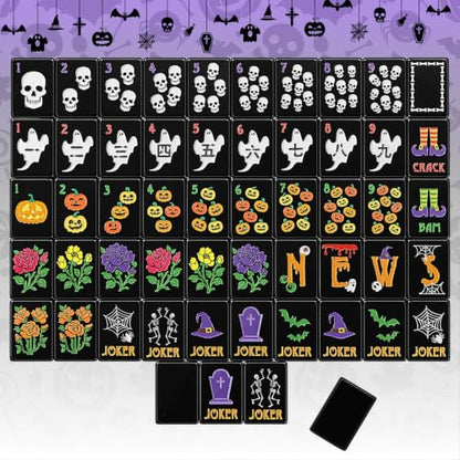 160 Pcs Halloween American Mahjong Set 1.2 Inch Pumpkin Cat Witch Ghost Mini Mahjong Tiles Set Melamine Carved Pattern for Adult Halloween Mah Jong Lovers Social Games (Black,Classic) - color: Black, style: Classic