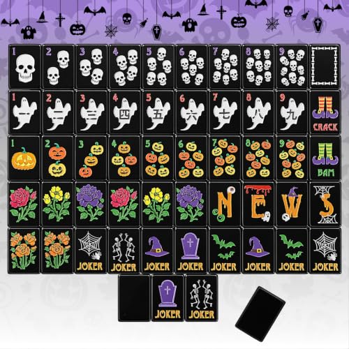 160 Pcs Halloween American Mahjong Set 1.2 Inch Pumpkin Cat Witch Ghost Mini Mahjong Tiles Set Melamine Carved Pattern for Adult Halloween Mah Jong Lovers Social Games (Black,Classic) - color: Black, style: Classic