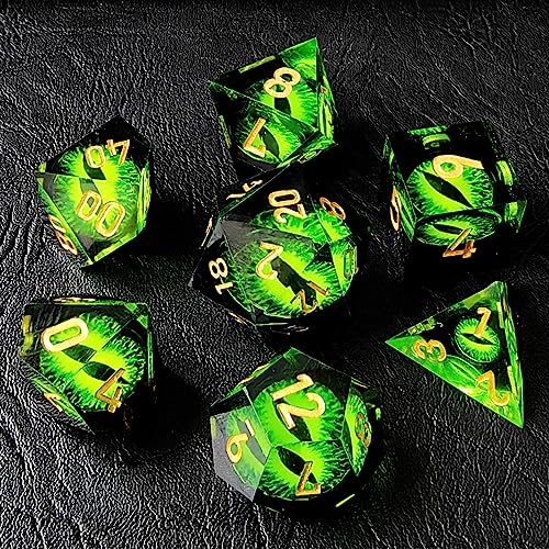 BESCON Dragon's Eye Sharp Edged Polyhedral Dice Set of 7, Handmade Dragon's Eye Dice for Role Playing Game - color: Green Eye Set
