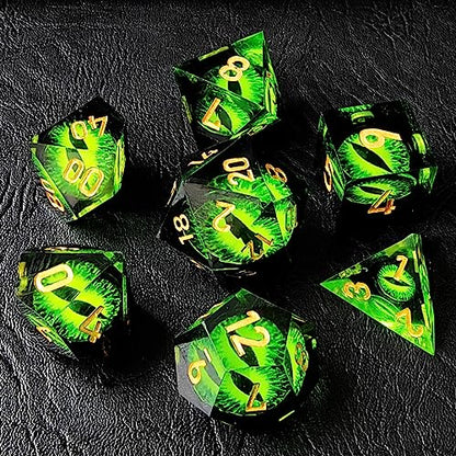 BESCON Dragon's Eye Sharp Edged Polyhedral Dice Set of 7, Handmade Dragon's Eye Dice for Role Playing Game - color: Green Eye Set