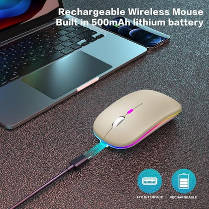 AIKOKOK Wireless Bluetooth Mouse, Rechargeable Dual Mode Mouse, Gold | BT 5.2 & 2.4G USB Receiver, 3 Adjustable DPI,LED Lights,Slim,Silent,Portable Computer Mouse for Laptop,PC,MacBook,iPad,Tablet - color: Gold