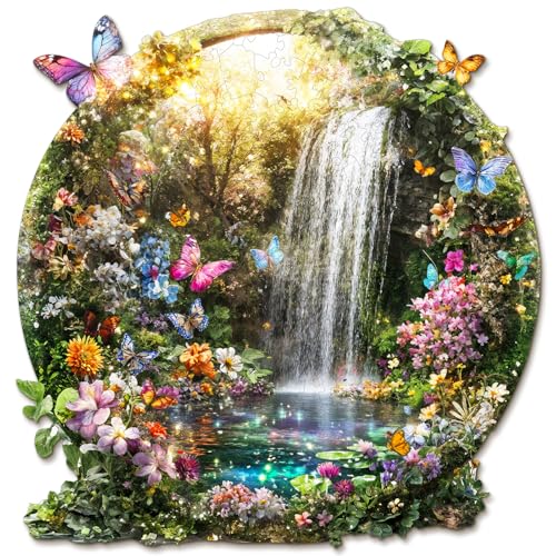 Wooden Puzzles for Adults, Butterflies and Waterfalls Jigsaw Puzzles, 301 Piece Unique Shaped Puzzle, 3D Visual Landscape Shape Puzzle, Gifts for Adults，Wall Decor(13.4 * 13 in) | Unique Shape Wooden Jigsaw Puzzle for Adults, Wood Puzzles, Challenge Woode