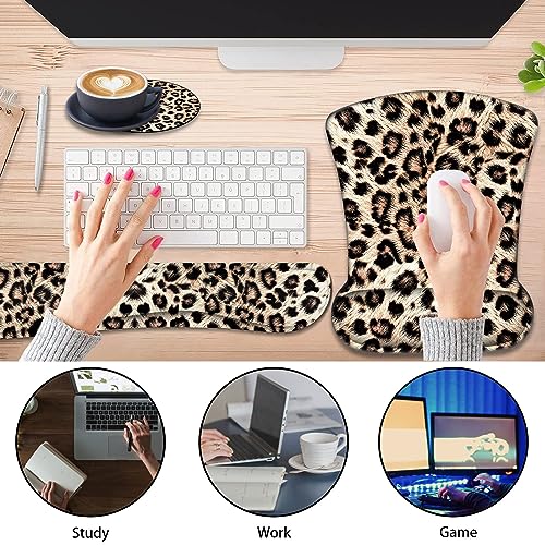 Keyboard Wrist Support + Wrist Coaster Combination, Non-Slip PU Base, with Gel Memory Mousepad, Suitable for Gaming, Office Pain Relief Set - Leopard Print Pattern - color: Leopard Print Pattern