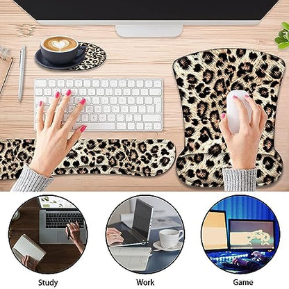 Keyboard Wrist Support + Wrist Coaster Combination, Non-Slip PU Base, with Gel Memory Mousepad, Suitable for Gaming, Office Pain Relief Set - Leopard Print Pattern - color: Leopard Print Pattern