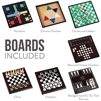 Board Game Set - Deluxe 15 in 1 Tabletop Wood-accented Game Center with Storage Drawer (Checkers, Chess, Chinese Checkers, Parcheesi, TicTacToe, SOlitaire, Snakes and Ladders, Mancala, Backgammon, Poker Dice, Playing Cards, Go Fish, Old Maid, and Dominos)