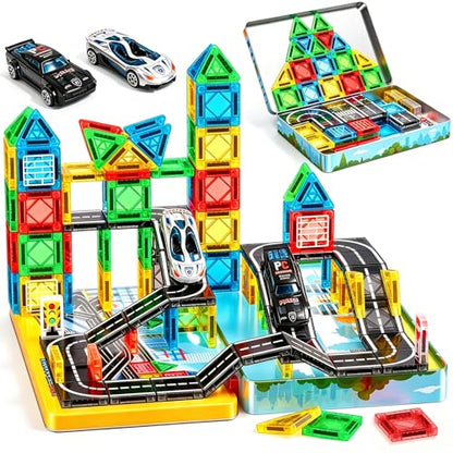 Magnetic Tiles - Road Set, City Race Track Travel Building Blocks with 2 Cars & Metal Box, Mini Magnet Tiles Outdoor Construction Toys for Boys, STEM Sensory Gifts for Toddlers 3-5 4-8 Years Old