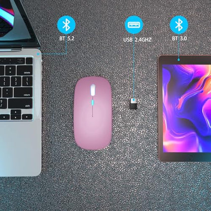AIKOKOK Wireless Bluetooth Mouse, Rechargeable, Dual Mode Bluetooth 5.2 & 2.4G USB, LED Lights, Slim, Silent, Portable Computer Mouse for Laptop, PC, MacBook, iPad, Tablet (Rose Gold) | BT 5.2 & 2.4G USB Receiver, 3 Adjustable DPI,LED Lights,Slim,Silent,P