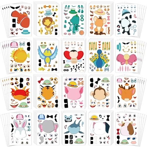 Sinceroduct 100PCS Make Your Own Stickers for Kids, Make-a-Face Stickers, 20 Animals Sticker Face for Toddlers Crafts Party Favors, Gift of Festival Birthday Classroom Reward, Valentine's Day Activity - style: Animal Style-3