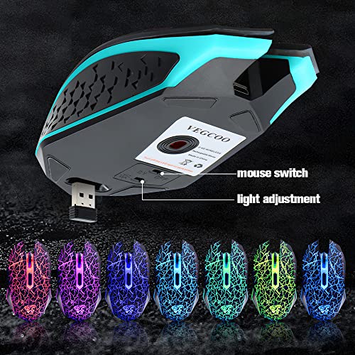 VEGCOO C10 Wireless Gaming Mouse Rechargeable Silent Optical Mice 7 Colors LED Lights, 7 Buttons 2400/1600/800DPI (Black) - color: black