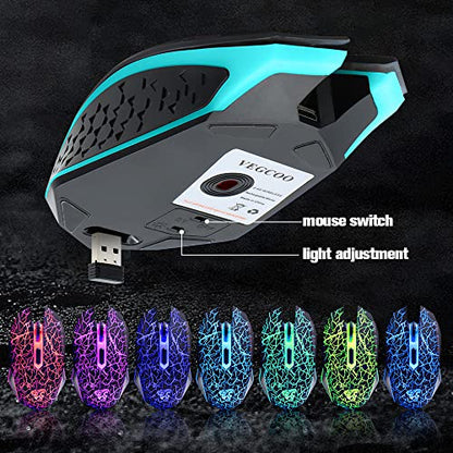 VEGCOO C10 Wireless Gaming Mouse Rechargeable Silent Optical Mice 7 Colors LED Lights, 7 Buttons 2400/1600/800DPI (Black) - color: black