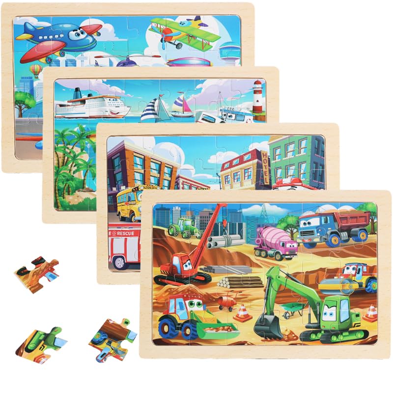 Wooden Puzzles for Kids Ages 4-6, 24 Piece Vehicle Car Construction Jigsaw Puzzles 4 Packs, Preschool Toddlers Learning Activity Puzzles Toys for Boys Girls 3 4 5 6 Years Old (Mixed Style) - color: Mixed Style