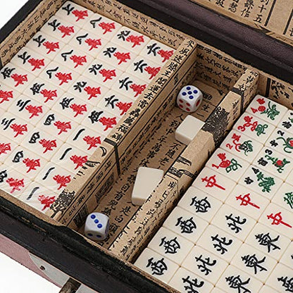 Chinese Mahjong Toy Set, Classic Board Game 144 Tiles Set with a Wooden Box asy-to-Read Game Set Travel Mahjong Set Portable Size and Light Weight