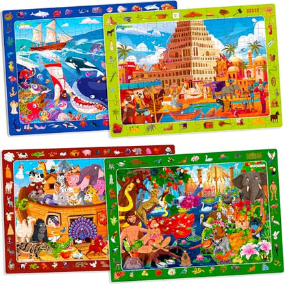 QUOKKA 60 Piece Kids Puzzles Ages 5-8 - Set of 4 Bible Jigsaw Puzzles for Kids 4-6-10 Year Old - Tower of Babel - Noah`s Ark - Eden Toys for Children 5-7 yo - Christian Gifts for Boys & Girls - color: Yellow Ang Green