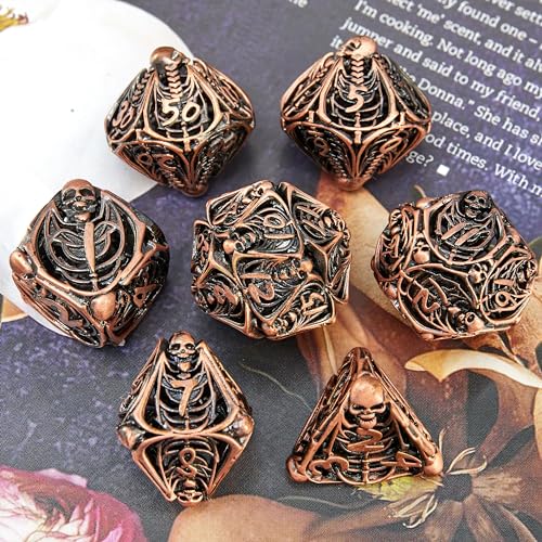 Metal Skull Dice Set Hollow Multi-Sided Dungeons & Dragons Dice 7CPS Role-Playing Dice Set with Flannel Bag Suitable for D&D Board Game Cards(Antique red Copper) - color: Antique Red Copper