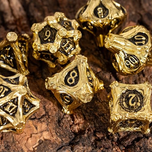 Metal Dice Set D&D 7PCS Golden Metal DND Dice Set for Tabletop Games | Leather Storage Bag, DM Gift, for Dungeons and Dragons Role Playing Games - color: Metal Tree-goldenblack