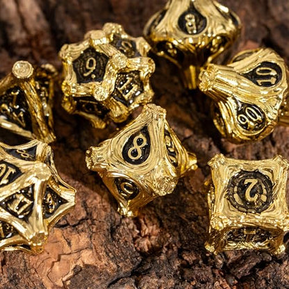 Metal Dice Set D&D 7PCS Golden Metal DND Dice Set for Tabletop Games | Leather Storage Bag, DM Gift, for Dungeons and Dragons Role Playing Games - color: Metal Tree-goldenblack