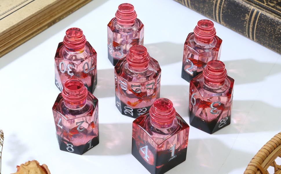 XENOLUX Potion Bottle DND Dice Set with Flying Dragon, Sharp Edge Resin Polyhedral Dice for Dungeons and Dragons Tabletop Games, Smoky Liquid Effect 7-Piece Set with Storage Tin - BOT4 - color: Bot4