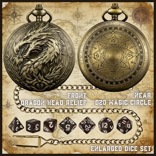 D&D Dice Set, 7PCS mini Dice with Pocket Watch Case, Easy-to-Read Colored Numbers, Dungeons and Dragons RPG Game Dice Set with Watch Shell, Dragon Design Bronze - color: Mini Dice Bronze