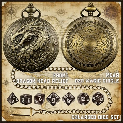D&D Dice Set, 7PCS mini Dice with Pocket Watch Case, Easy-to-Read Colored Numbers, Dungeons and Dragons RPG Game Dice Set with Watch Shell, Dragon Design Bronze - color: Mini Dice Bronze