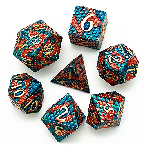 UDIXI Metal Dice Set, Dragon Scale D&D Metal DND Dice with Dice Box for Role Playing Games and Other Tabletop Game (Blue with Orange) - color: Dragon Scale-orange and Blue