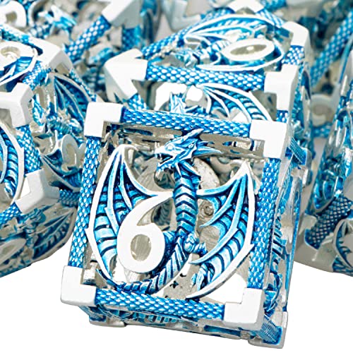 ARUOHHA Hollow DND Metal Dice Set Blue Dragons D and D Dice, RPG Role Playing Games Dungeons Polyhedral Dice with Gift Box D20 D12 D10 D8 D6 D4 - color: Silver Blue