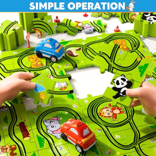 Beby Buty 48PCS Puzzle Race Track Car Set Toys for Kids Boys, Floor Puzzle Car Tracks for Boys Ages 3-5 4-6, Toddler Toys Gifts for 3 4 5 Year Old Kids, Ideal 3 4 5 6 Year Old Birthday Gifts - style: 48 PCS Animal Theme