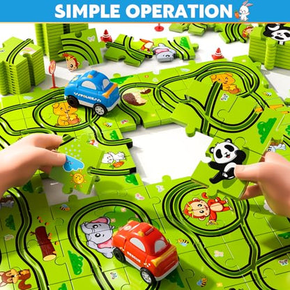 Beby Buty 48PCS Puzzle Race Track Car Set Toys for Kids Boys, Floor Puzzle Car Tracks for Boys Ages 3-5 4-6, Toddler Toys Gifts for 3 4 5 Year Old Kids, Ideal 3 4 5 6 Year Old Birthday Gifts - style: 48 PCS Animal Theme