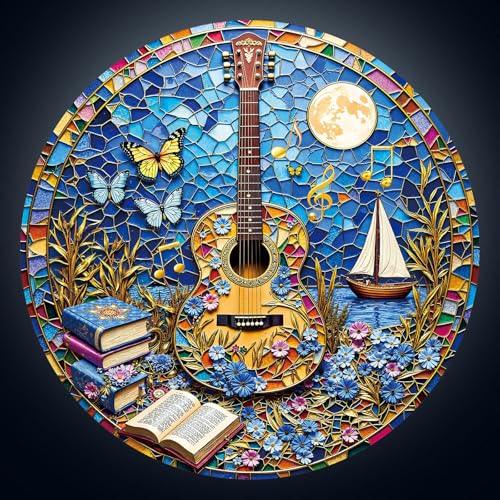 1000 Piece Round Jigsaw Puzzle for Adults, Acoustic Guitar & Library Stained Glass Musical Art, Challenging Brain Teaser & Wall Decor Mental Stress Relief Gift (26.6 inch) - color: H-acoustic Guitar