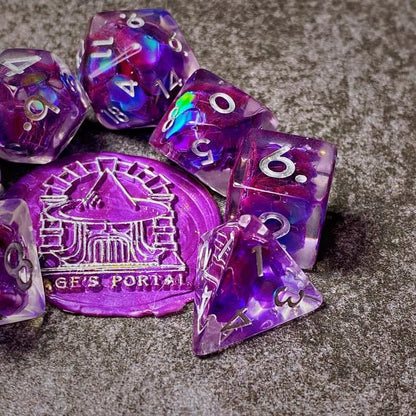 Sage’s Portal Cantrips DND Dice Set - Round Edge Resin 7-PC Polyhedral DND Dice Set for Dungeons and Dragons D&D RPG Tabletop TTRPG (Purple Holo Flakes) - color: Purple Holo Flakes