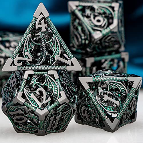 ARUOHHA Hollow DND Metal Dice Set Black Green Dragons D and D Dice, RPG Role Playing Games Dungeons Polyhedral Dice with Gift Box D20 D12 D10 D8 D6 D4 - color: Black Green