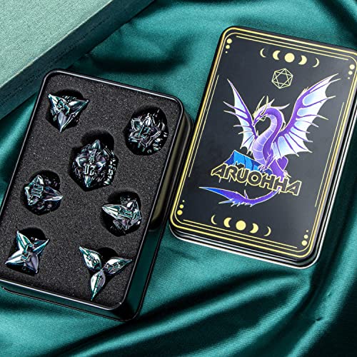 ARUOHHA DND Metal Dice Set Purple Green Leaf Design Polyhedral Dragons Dice with Box, 7PCS Dungeons D and D Dice Compatible with D&D RPG Role Playing Games D20 D12 D10 D8 D6 - color: Purple Green