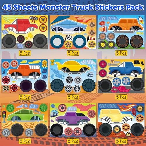 45 Sheets Monster Truck Stickers for Kids Toddlers, Make Your Own Monster Truck Stickers Birthday Party Favors Activities Goodie Bag Filler Crafts for Kids Classroom - style: Monster Truck 45 Sheets