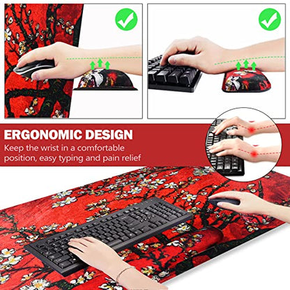 ARTSO Large Gaming Mouse Pad, Keyboard Wrist Rest Pad & Wrist Support Mousepad Set, Stitched Edge, Extended, Non-Slip Base, Memory Foam Desk Mat 4pcs for Office & Home, Red Van Gogh Painting - color: Red Van Gogh Painting