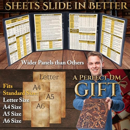 DM Screen for DND with 4 Wider Panels - Stunning Panoramic Battle Scene | 3D Embossed Faux Leather, Clear Pockets, Fits US Letter 8.5 x 11, For Dungeon Masters, Game Masters, Gift for DnD, RPG
